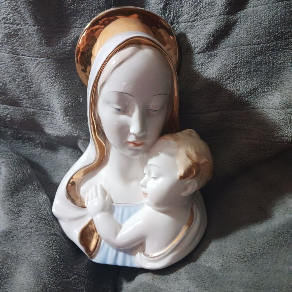 Vintage Porcelain Bust Italy Numbered Virgin Mary Baby Jesus 8" 1950's Painted